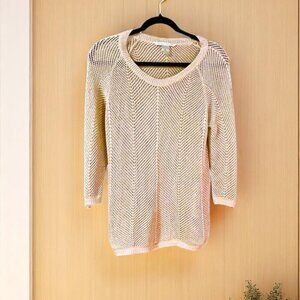 Chrochet like GOLD Sparkle lightweight all season sweater 3/4 sleeves Sz M EUC